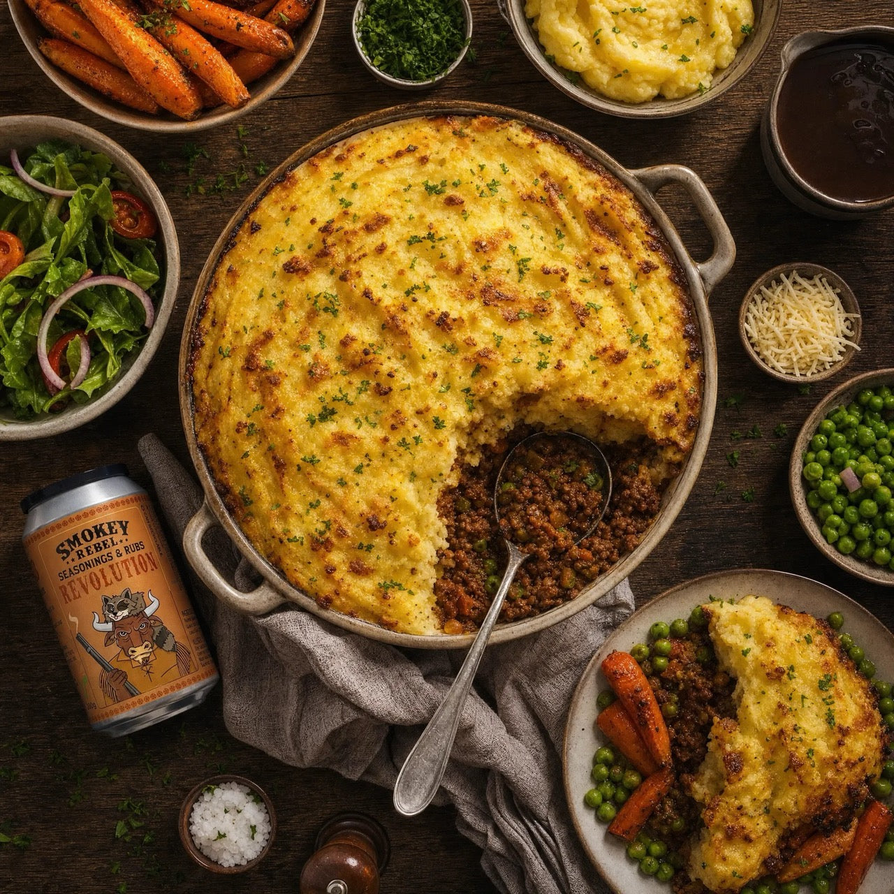 Revolution Cottage Pie with roast carrots, peas, salad and gravy