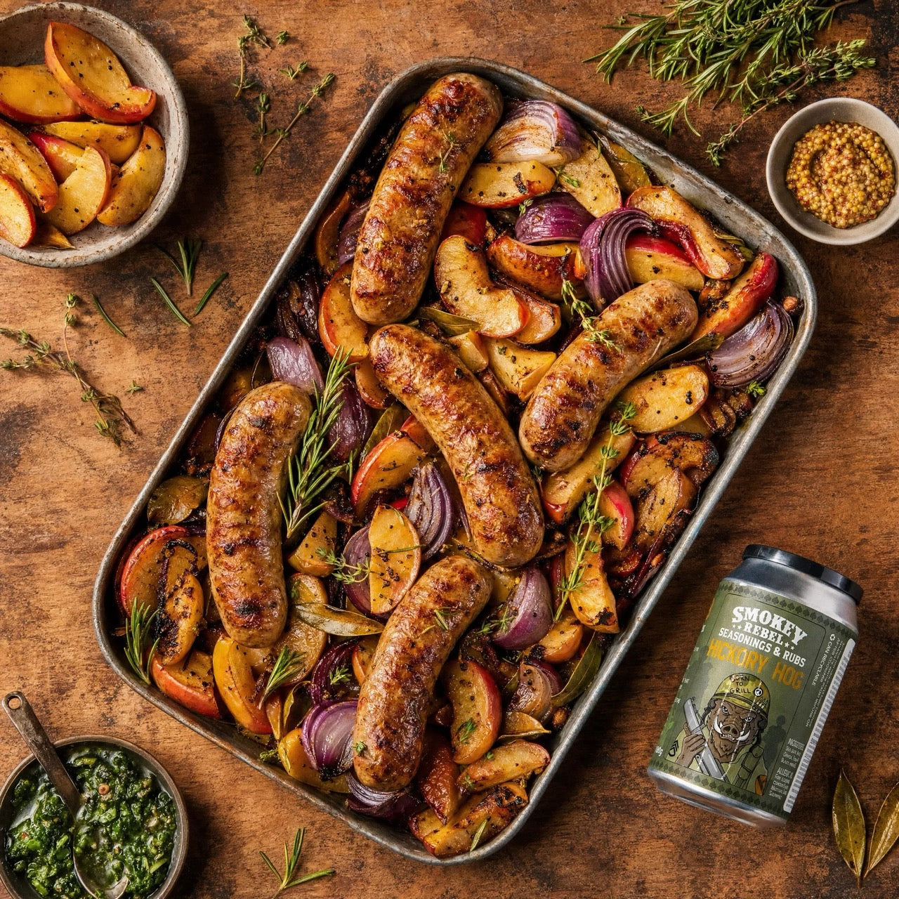 Sausage and apple traybake seasoned with Smokey Rebel Hickory Hog