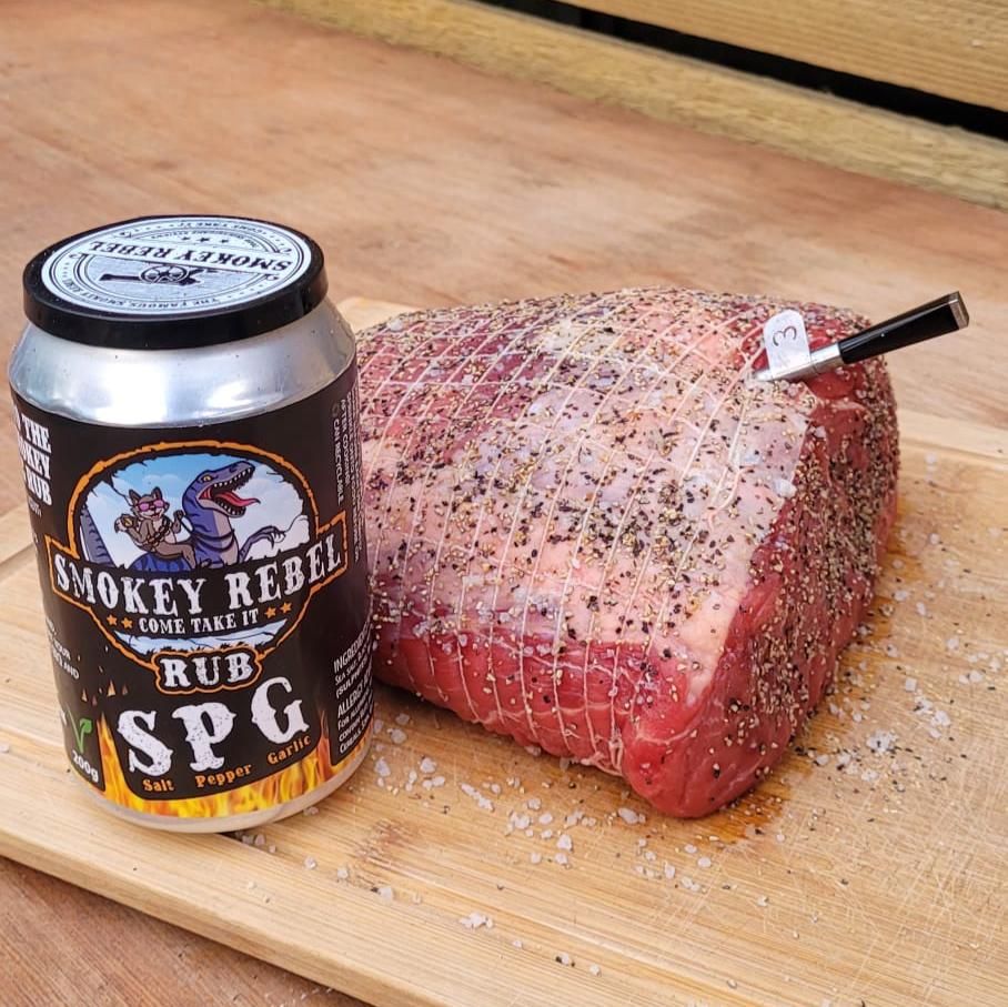 
                  
                    Roast beef prepared with Smokey Rebel SPG seasoning with a Meater probe
                  
                