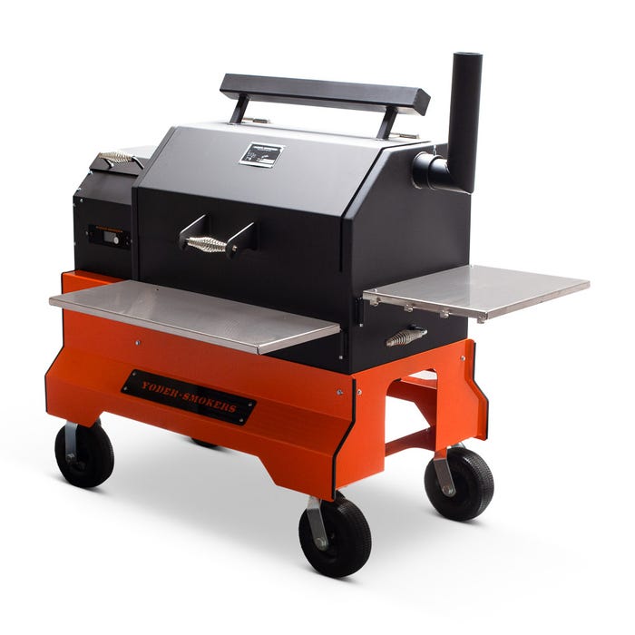 Yoder Smokers YS640s pellet grill on orange competition cart